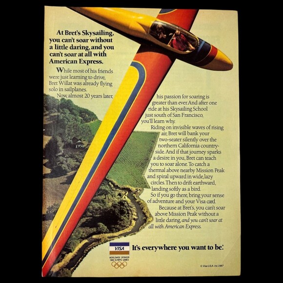 1980's VISA Magazine Print Ad- Bret Willat Skysailing, Sailplanes VINTAGE 1987 - Picture 1 of 7